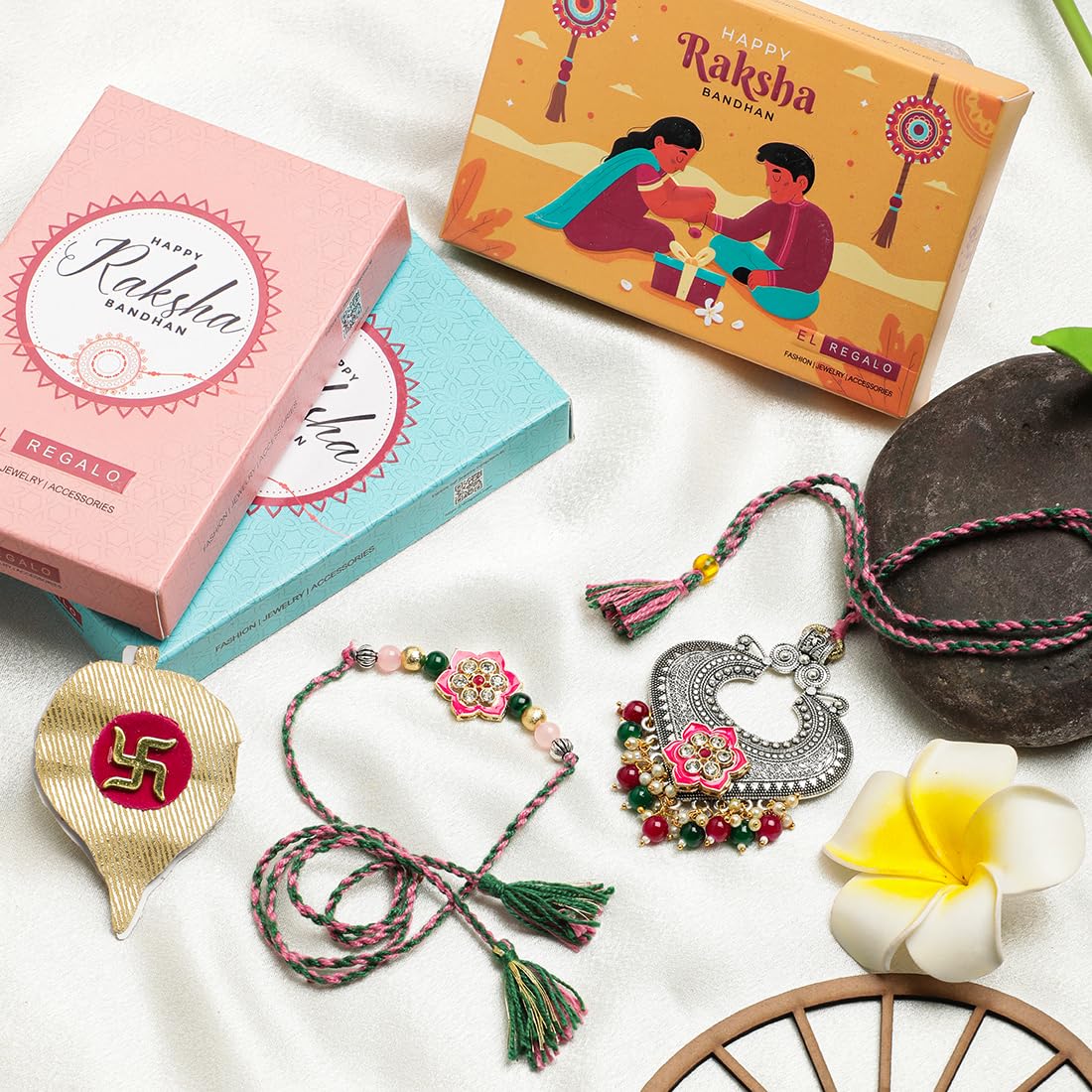 El Regalo Designer Bhaiya- Bhabhi Rakhi Luma/Lumba Set- Kundan, Pearls Rakhi with Roli Chawal in Gift Box- Luma Convertible into Necklace (Option-2)