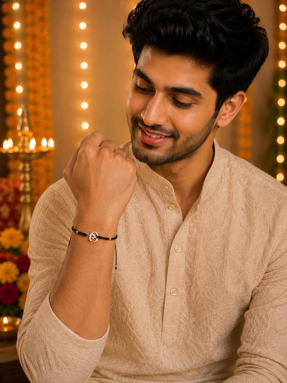 El Regalo Fancy & Traditional AUM/Shell Charm Rakhis for Brother | Elegant Auspicious Bracelet Rakhi for Bhai/Bhaiya with Roli Chawal in Gift Box (Black Aum/OM)