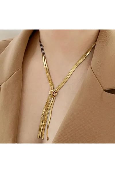 El Regalo 2-Strand Flat Snake Chain with Camellia Flower- Stainless Steel Herringbone Flower Tassel 2 Layered Chain Necklace