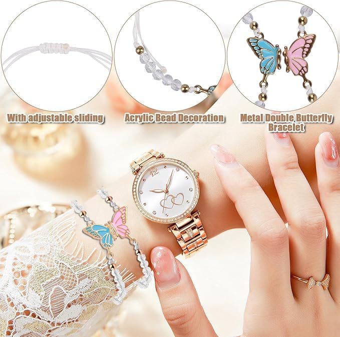El Regalo 2PCs Butterfly Friendship Bracelets Set for Girls - Adjustable Handmade BFF Strand Bracelets for Best Friends - Symbolic Matching Jewelry for Birthday, Christmas, Graduation, Anniversary (White)