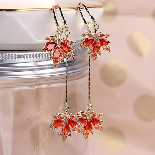 El Regalo Gold Open Hoop Fall Maple Leaf Dangle Earrings - Elegant Sparkling Crystal Cubic Zirconia Rhinestone Earrings for Women
