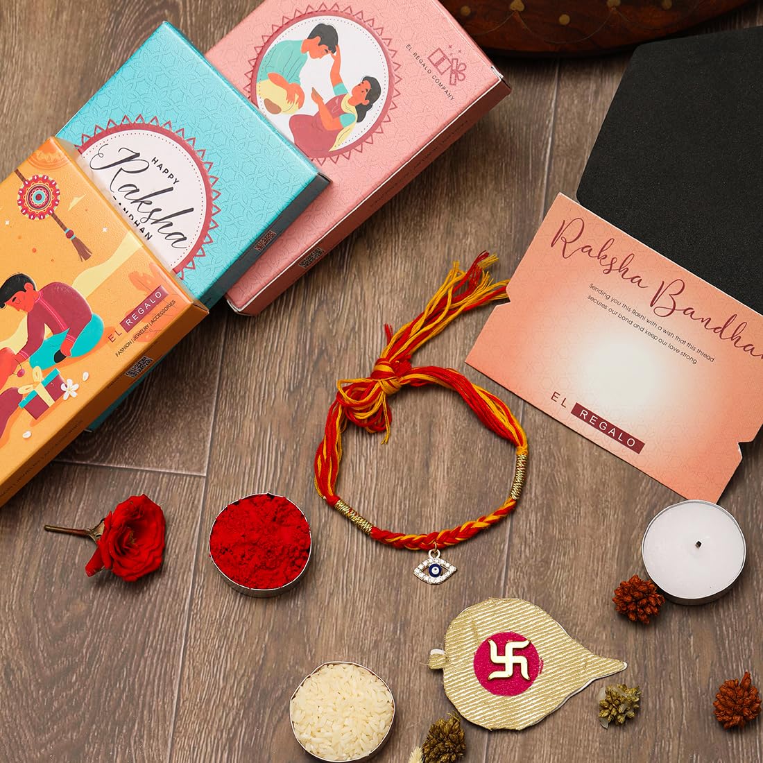 El Regalo 1 PC Moli Rakhi for Bhaiya - Rakshabandhan Moli Charms Rakhi with Message Card & Roli Chawal Shagun in Rakhi Box (Evil Eye Moli Rakhi-3)