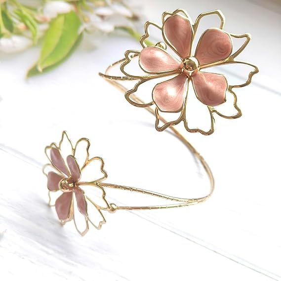 El Regalo Floral Enamel Armlet/Bajuband for Women & Girls - Adjustable Gold-Plated Upper Arm Cuff Bracelet | Bohemian Armlet for Weddings, Festivals & Dance Performances (Big Pink Flower)