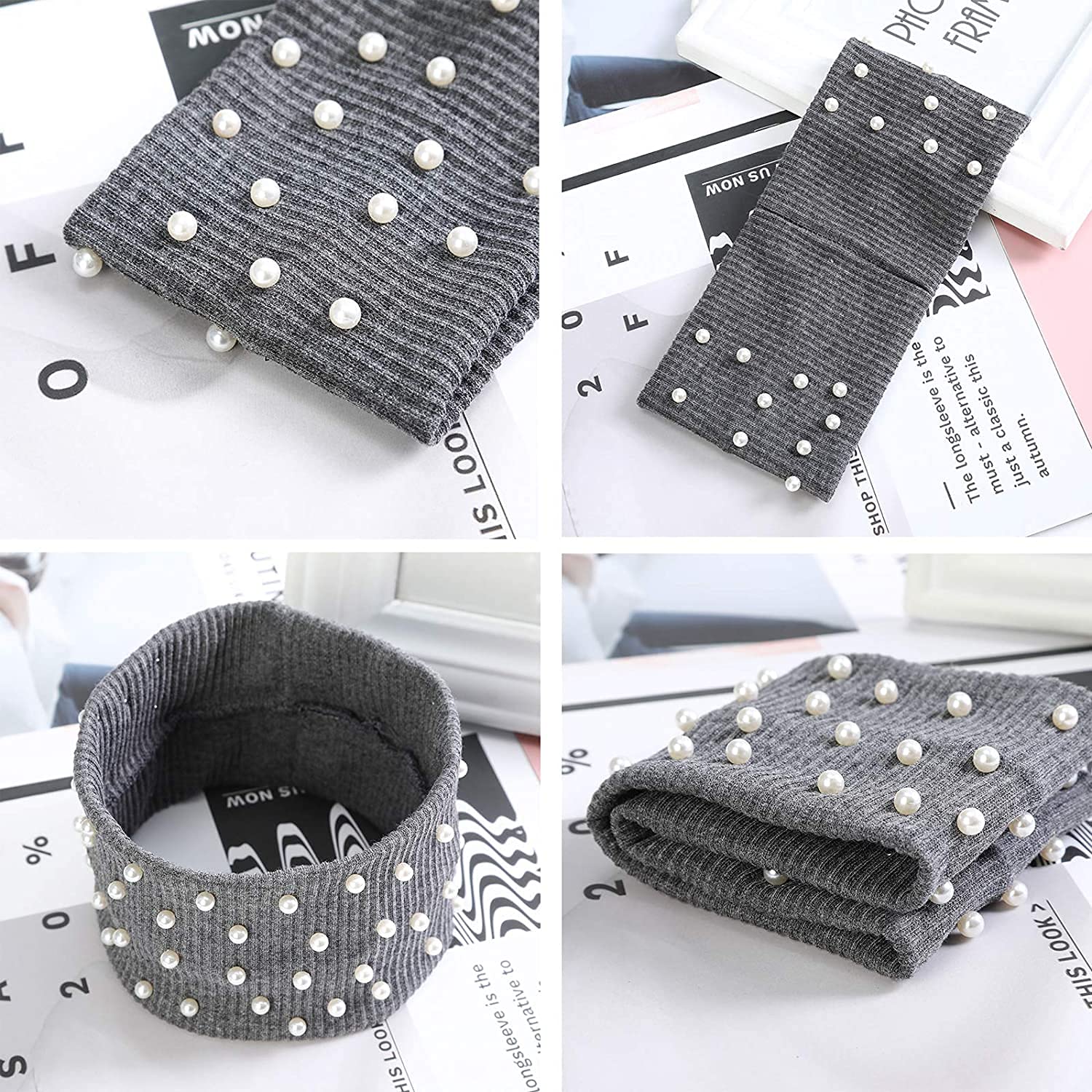 El Regalo 2 PCs Elastic Knit Ear Warmers with Pearls for Girls & Women | Winter Hair Band for Women Head Wraps (Grey & Black)