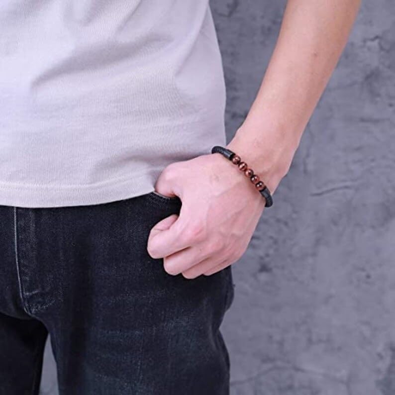 El Regalo 1PC Natural Stone Magnet Buckle Bracelet for Men/Boys, Trendy, Simple, Exclusive Men's Vintage Pu Leather Bracelet (Red Tiger Eye)