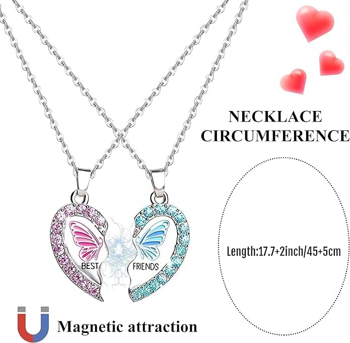 El Regalo 2PCs BFF Magnetic Heart Best Friend Pendant Necklaces for Girls - BF Best Friends Jewelry ift for Besties Birthday/Friends Day/Valentines day (BF Butterfly)