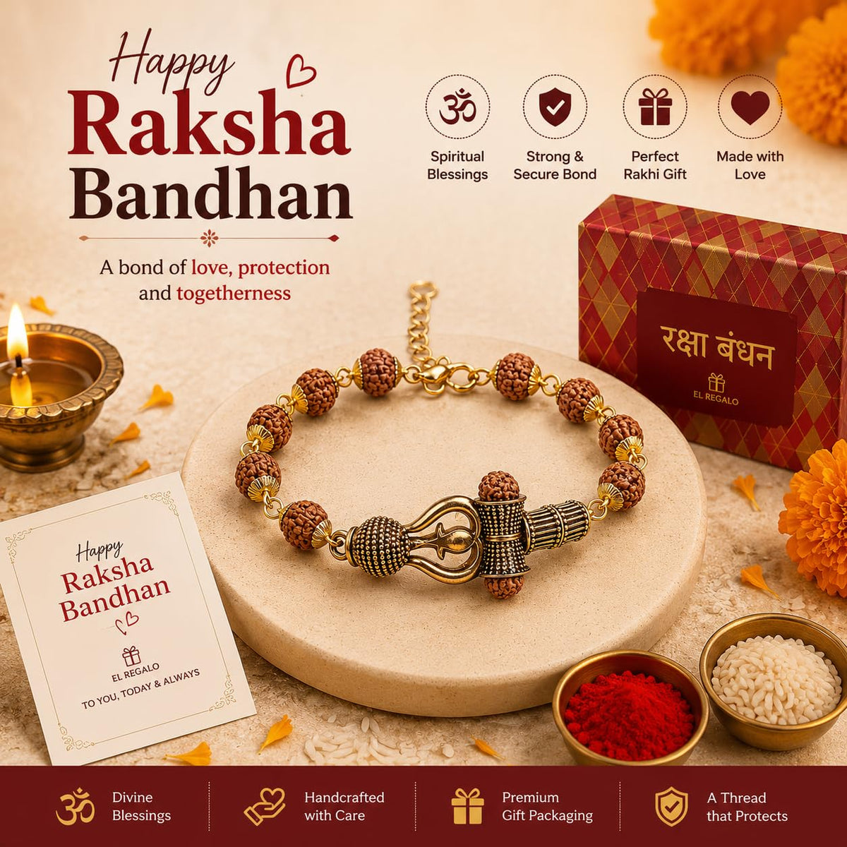 El Regalo Rudraksha Rakhi for Brother- Rudraksha Beads Rakhi Gift Box with shagun & Rakhi Message Card for Bhai/Nephew (Trident)