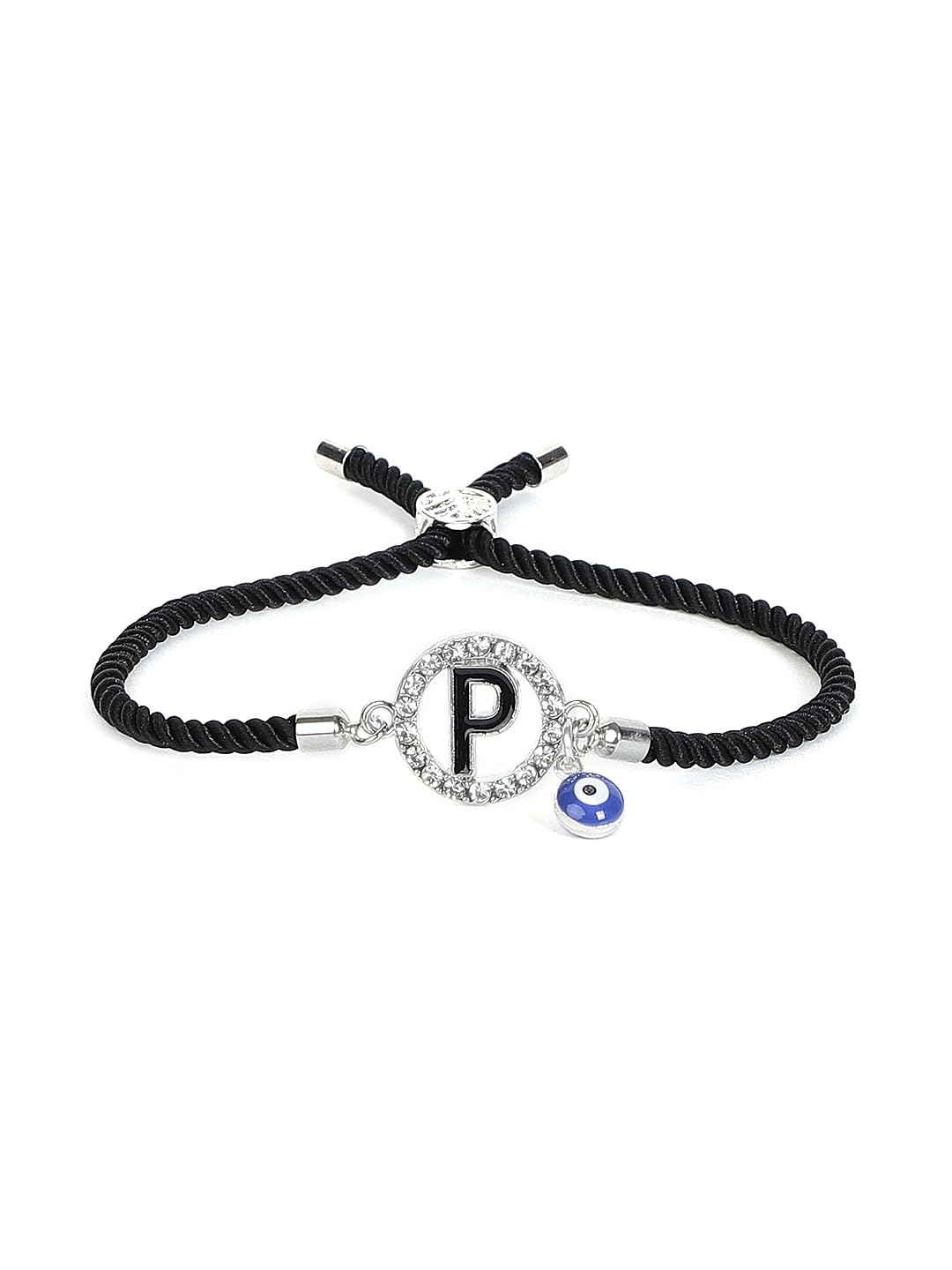 El Regalo Name Initials Evil Eye Bracelet Rakhi for Brother- Name Letter CZ Rakhi with Roli Chawal, Message Card in Rakshabandhan Box for Bhai (Black-P)
