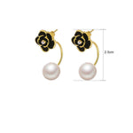 El Regalo 1 Pair Luxury Black & White Camellia Oil Drop Flower Pearl Cuff Earrings for Girls & Women - Retro Elegant Flower Stud Earring (Black)