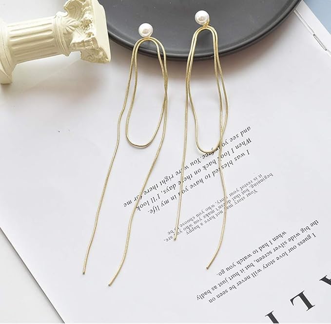 El Regalo Fancy Long Loop Tassel Pearl Stud Earrings for Girls & Women- Modern, Contemporary Tassel Earrings
