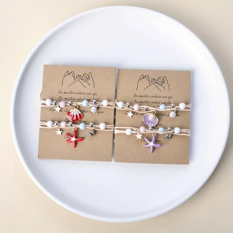 El Regalo 2PCs Shell Pearl & Star Fish Charms Bracelets Set for Girls & Women- Bright & Colorful Unique Handmade Beach Theme Bracelets Set (Red)