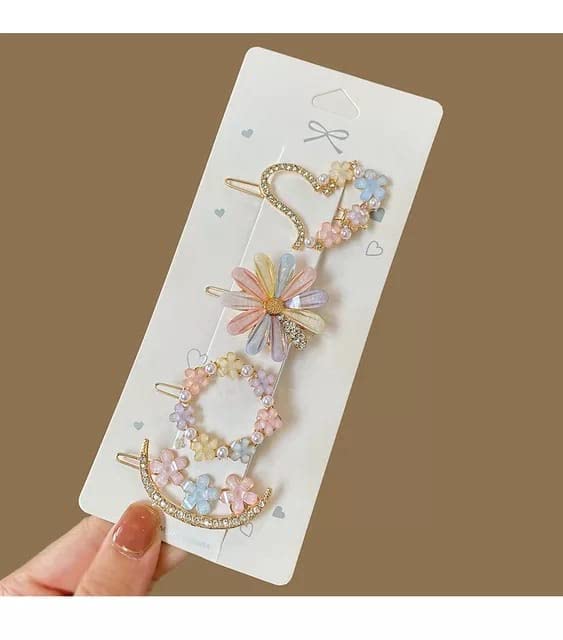 El Regalo 4 PCs Crystal Hair Clip Set for Kids/Girls/Women - Heart, Flowers & Moon Fancy Bridal Hair Accessories for Girls