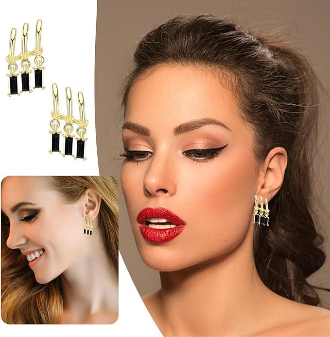 El Regalo Women's & Girl's Western Triple Ear Crawler Earrings- Triple Dangling Baguette Stone Earring- Exquisite Zircon Multilayer Earrings (Golden Black)