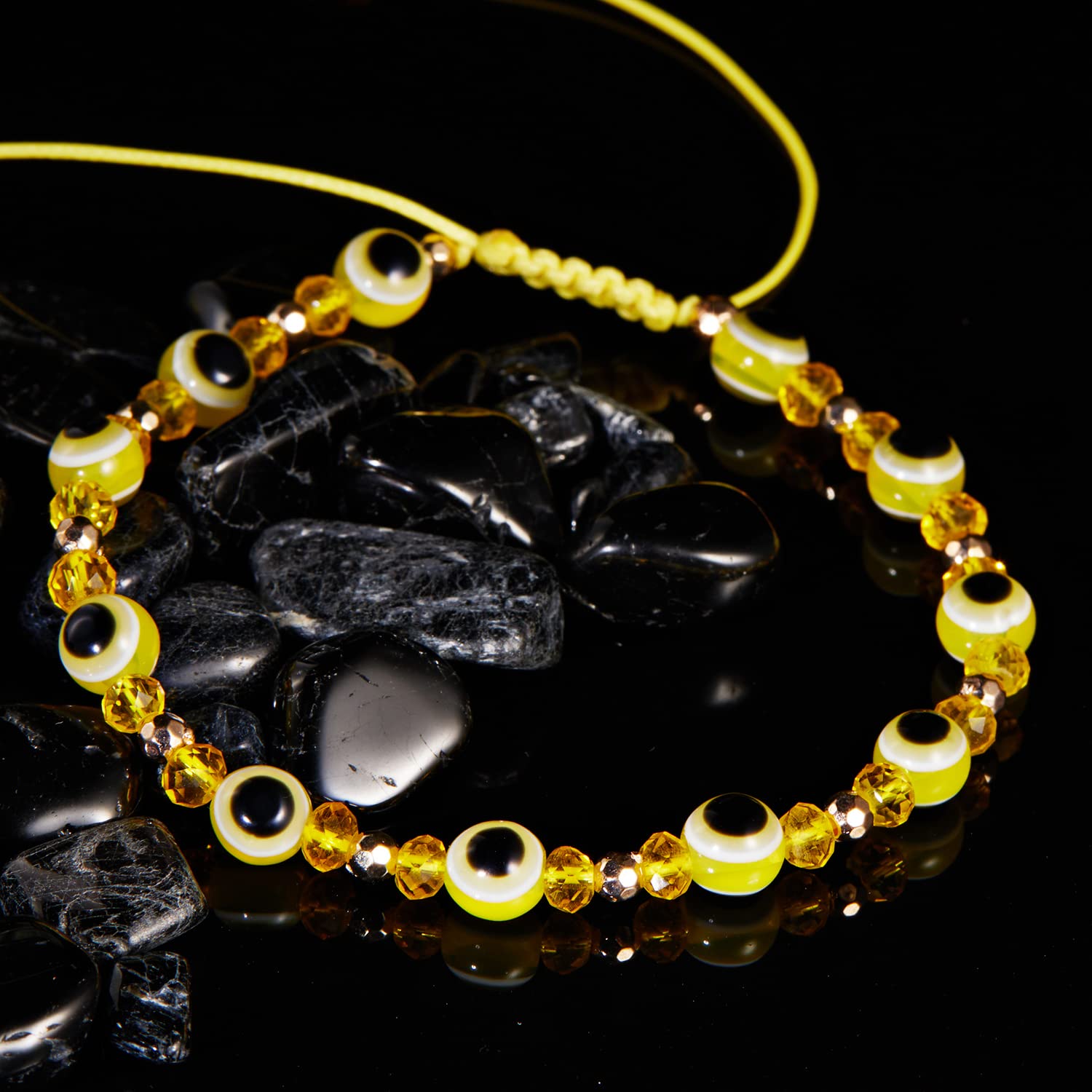 El Regalo 1 PC Evil Eye with Crystals Beads Adjustable Unisex Bracelet for Girls/Boys/Men/Women (Yellow)