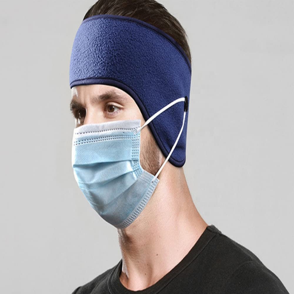 El Regalo 2 PCs Winter Fleece Ear Warmers Headband with Buttons for Facemask - Winter Ear Muffs for Men Women Boys & Girls in Cold Weather, Running Yoga Skiing Riding Bike Ear Cover (Neon Blue & Blue)