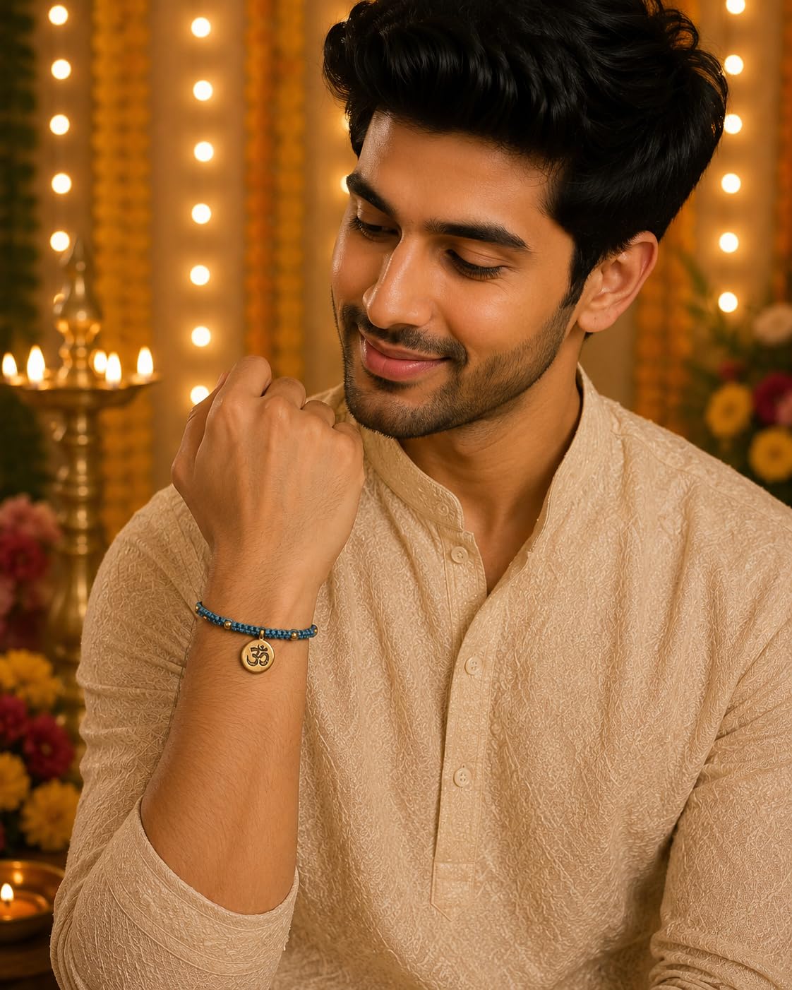 El Regalo Fancy & Traditional AUM/Shell Charm Rakhis for Brother | Elegant Auspicious Bracelet Rakhi for Bhai/Bhaiya with Roli Chawal in Gift Box (OM Rakhi- Blue)