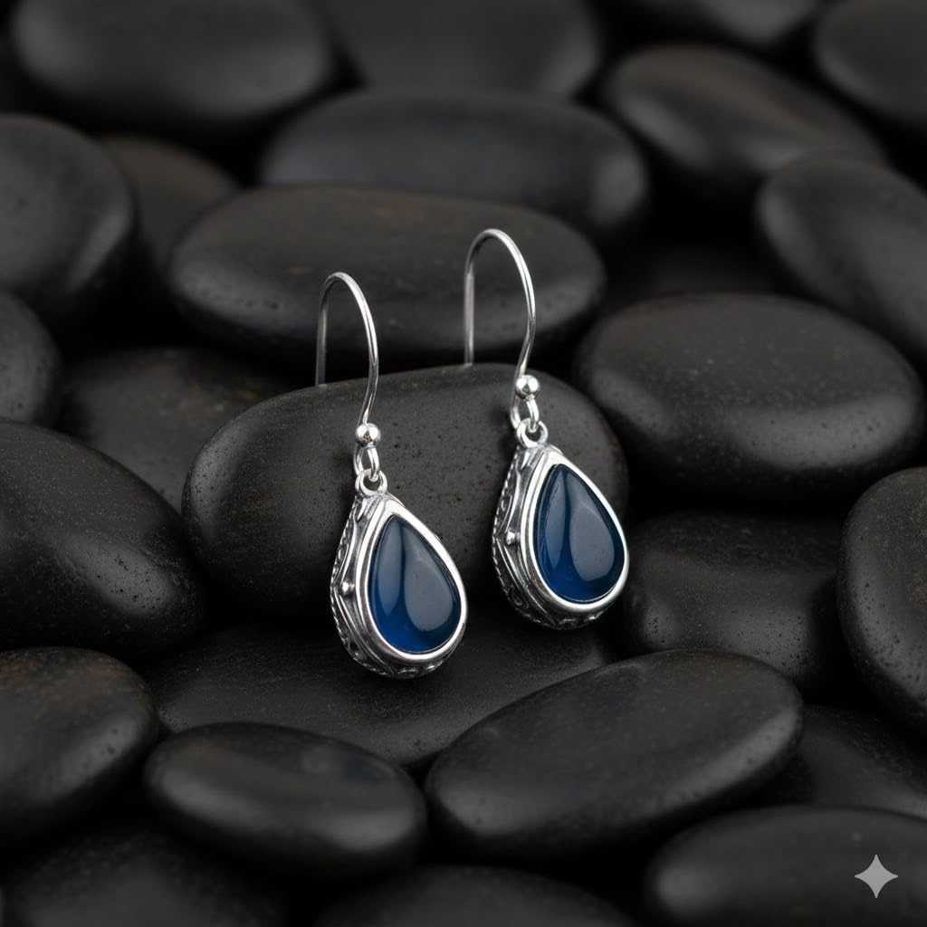 El Regalo Small Vintage Teardrop Earrings for Girls & Women- Elegant Filigree Carved Boho Dangle Earrings, Cut Stone Drop Earrings, Jewelry Gift (Blue)
