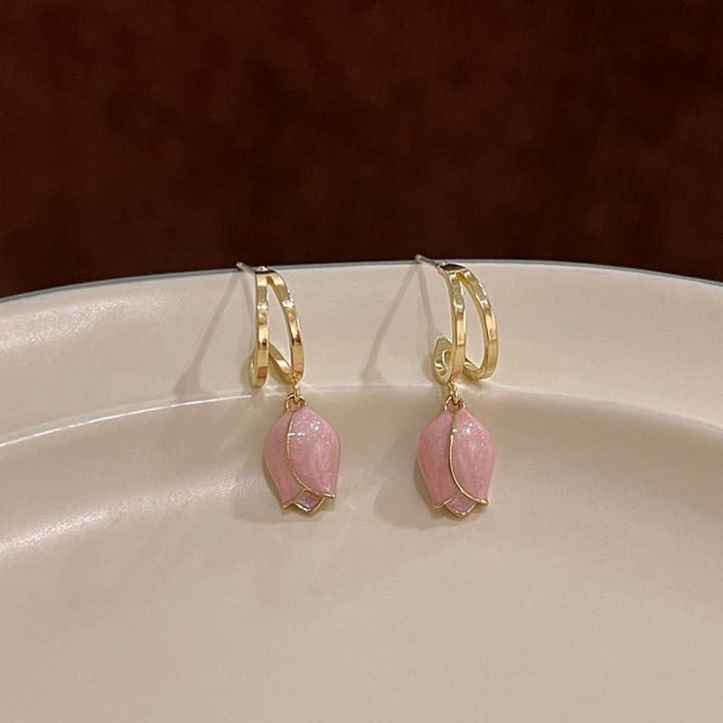 El Regalo Cute Tulip Flower Bud Stud Earrings- Pink Tulip Bud Drop Half Hoop Stud Earrings for Girls & Women- Valentines Gift for Her