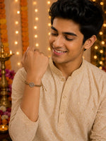 El Regalo Mens 1 PC Stainless Steel OM/Aum Golden Thread Rakhi for Brother - Anti Tarnish/Waterproof Adjustable Rakhi Bracelet for Bhai/Bhatija- Comes with Message Card, Roli-Chawal & Rakhi Box