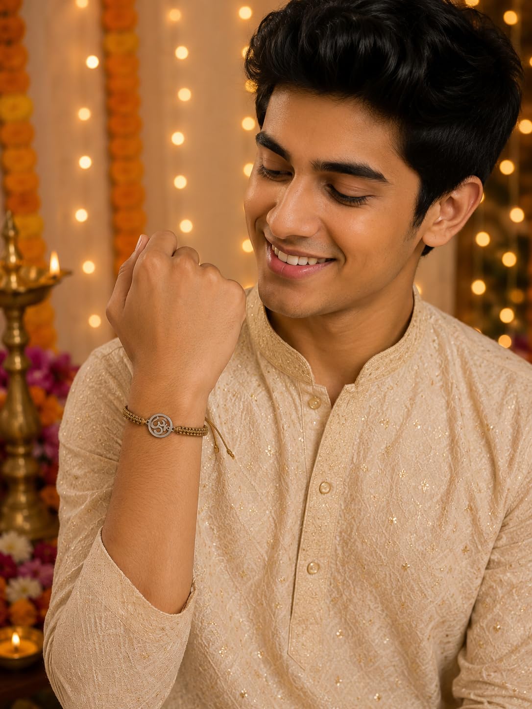 El Regalo Mens 1 PC Stainless Steel OM/Aum Golden Thread Rakhi for Brother - Anti Tarnish/Waterproof Adjustable Rakhi Bracelet for Bhai/Bhatija- Comes with Message Card, Roli-Chawal & Rakhi Box