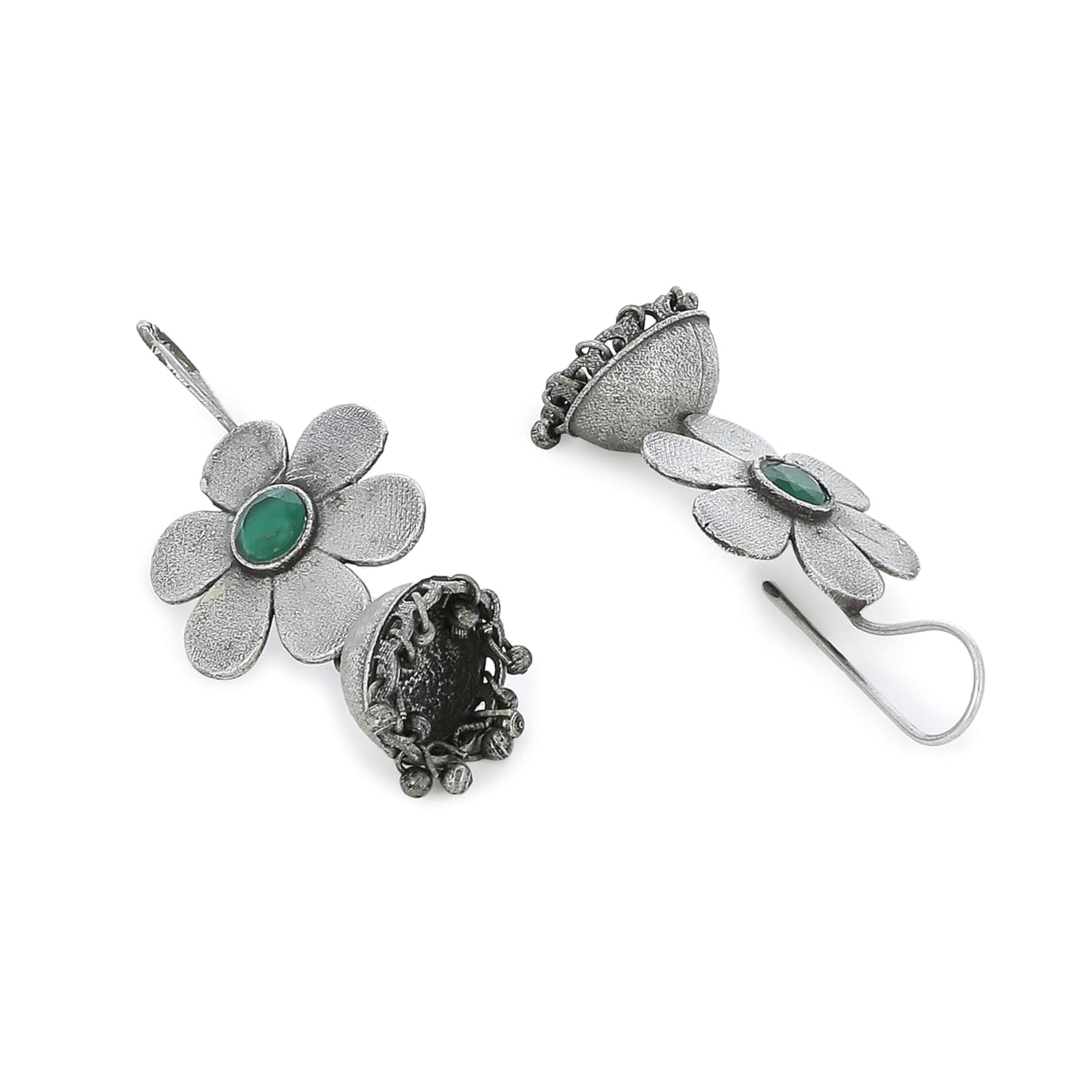 El Regalo Cute Small Traditional Ethnic Bollywood Style Vintage Floral Jhumka Earrings for Women & Girls in Antique Oxidized Silver Finish (Green)