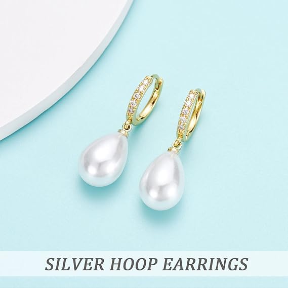 El Regalo Minimalist CZ Pearl Drop Earrings for Women | Korean Style Dangle Hoop Earrings | Gold & Silver Plated Cubic Zirconia Pearl Earrings | Elegant Daily Fashion Jewellery for Girls (Silver- Drop)
