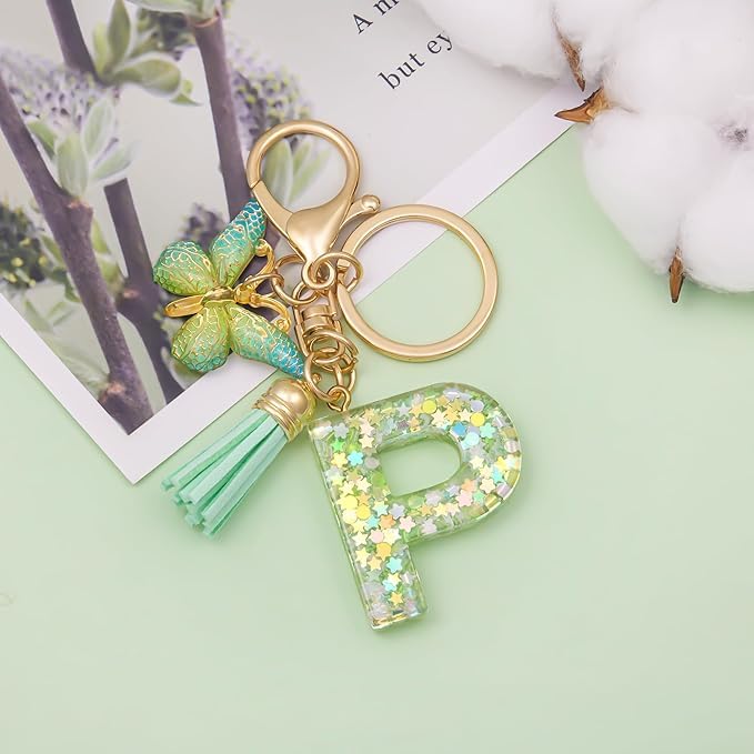 El Regalo Personalized Name Initials Butterfly Charm Keychain - Name Letters Keyring with Green Butterfly & Stars Filled Resin & Tassel Pendant, Purse, Bag, Backpack Accessory (Letter P)