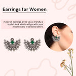 El Regalo Oxidized Earrings for Women- Moon Inspired Silver Lookalike Statement Brass Earrings in Antique Silver Finish (Green)