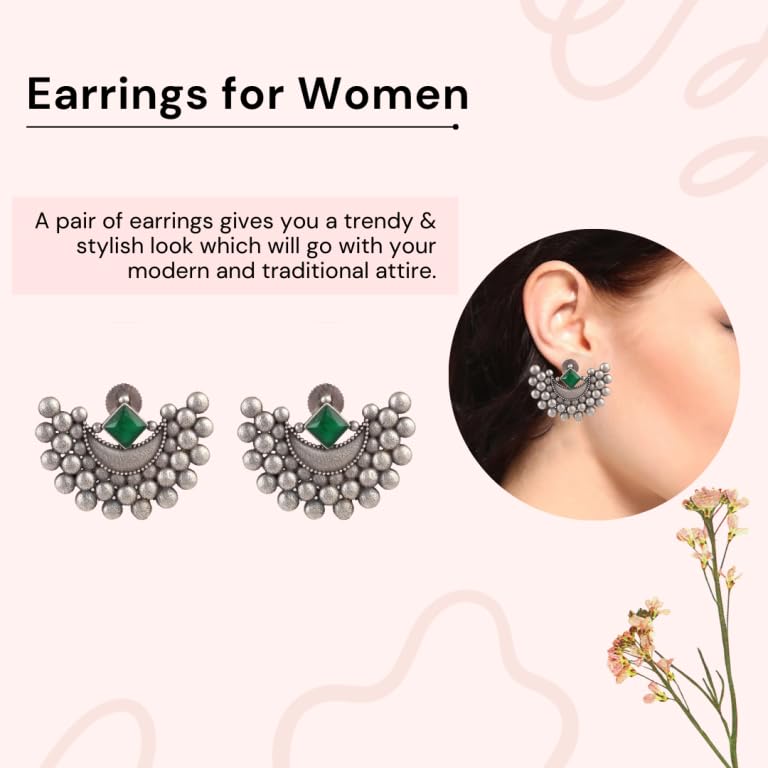 El Regalo Oxidized Earrings for Women- Moon Inspired Silver Lookalike Statement Brass Earrings in Antique Silver Finish (Green)