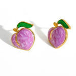 El Regalo Cute Gold Plated Stainless Steel Oil Drop Peach Stud Earrings for Girls & Women | Hypoallergenic Fruit Themed Fashion Earrings (Lavender)