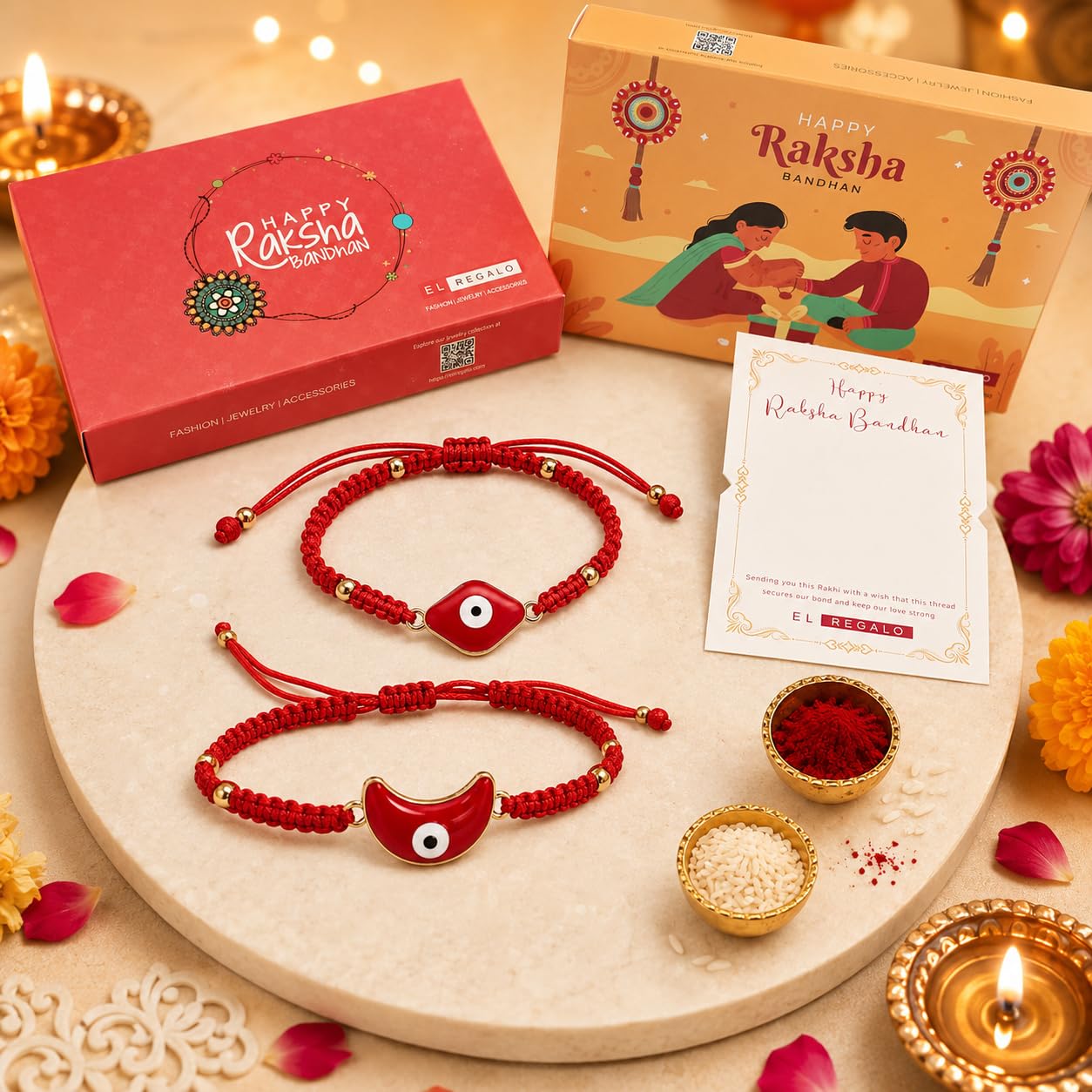 El Regalo Lucky Kabbalah Blue Turkish Evil Eye Hamasa Hand Red Macrame Rakhi Set for Bhaiya & Bhabhi (Star Turkish Evil Eye Stones)