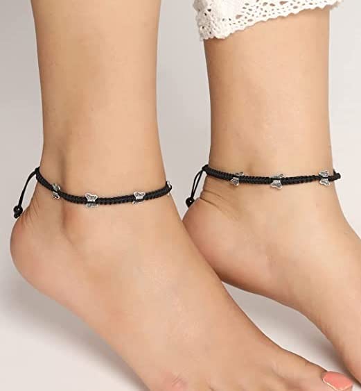 El Regalo 1 Pair Butterfly Boho Macrame Adjustable Oxidized German Silver Bead Nazabattu Anklet for Girls & Women- Bohemian Tribal Thread Anklet Set