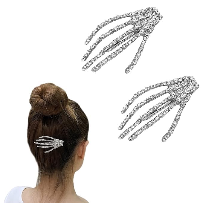 El Regalo 2PCs CZ Halloween Skeleton Hair Clips- Rhinestone Zombie Punk Rock Hand Hair Clip- Alligator Claws Barettes Clips- Halloween Costume/Accessories for Girls/Women (1 Gold 1 Silver)