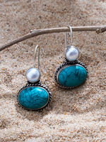El Regalo 1Pair Cute Oxidized 925 Silver Plated Pearl & Stones Hook Earrings for Girls/Women- Silver Lookalike Handmade Oxidized Brass Hook Traditional Earrings with Stones & Pearls (Turquoise Green)