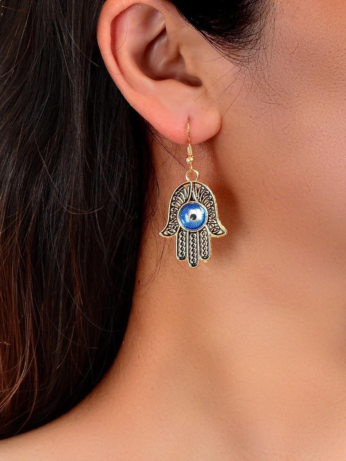 El Regalo Evil Eye Hamsa Hand Hook Earrings in Antique Golden Finish- Vintage Evil Eye Jewelry for Girls