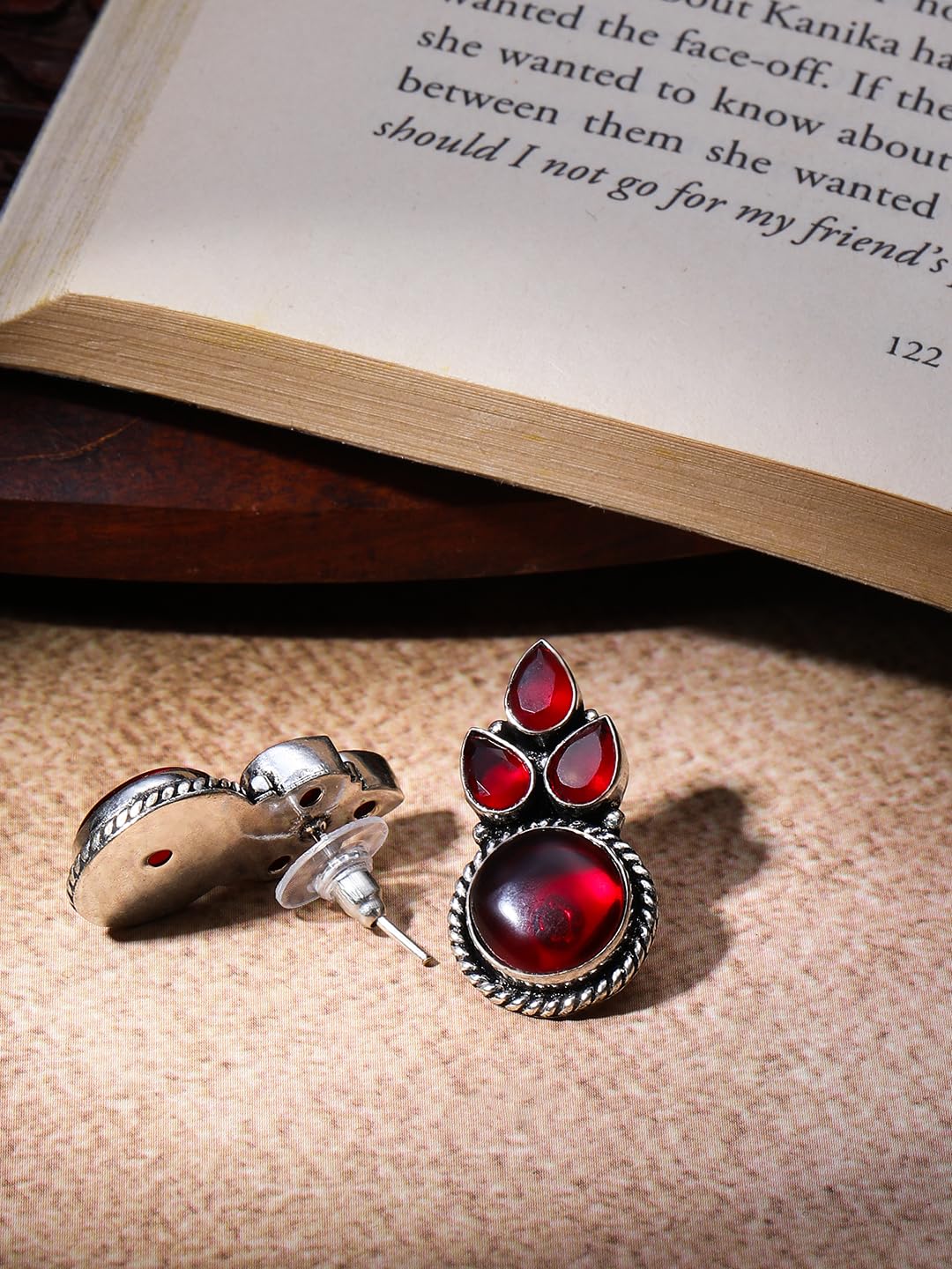 El Regalo Silver Look-Alike Oxidized Earrings for Women - Handcrafted Elegant Leaf Design Brass Earrings with Monalisa Stones - Traditional Earrings for Ethnic & Casual Wear (Red)