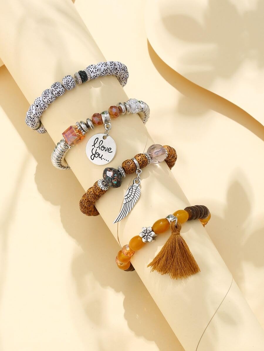 El Regalo 4Pcs/Set Vintage Bohemia Style Wing Beads Tassel Unisex Bracelet - Stackable Multi-layer Modern Charm Bracelets with Wings and I Love You Charms Bracelets (Musturd Yellow)