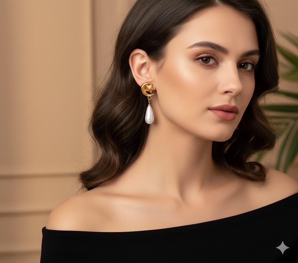 El Regalo Elegant 18K Gold Plated Stainless Steel Drop Earrings for Women & Girls | Tarnish-Free, Waterproof, Hypoallergenic Statement Fancy Western Earring Collection | Variations: Bow, Moon & Star, Starfish, Knot | For Office, Party & Gifting (Pearl Moo