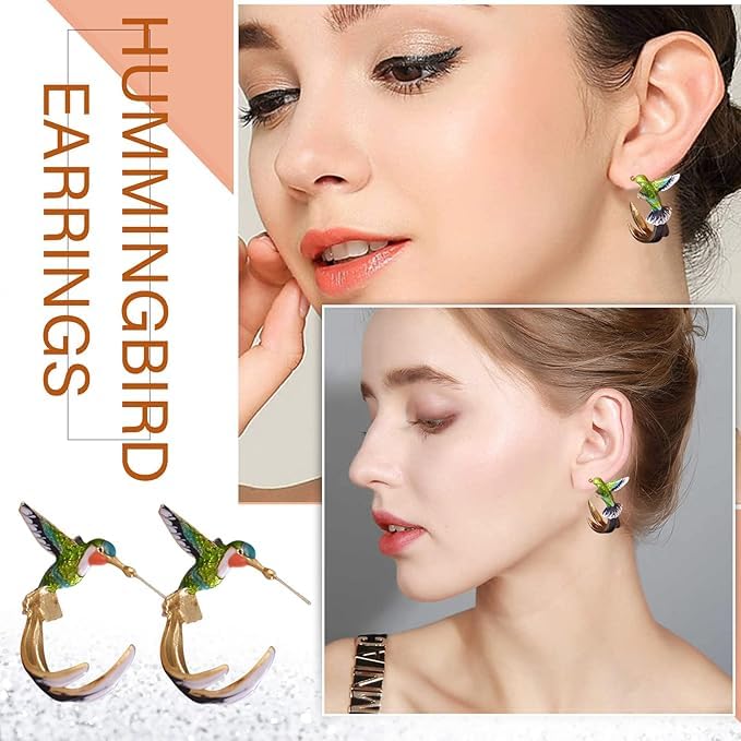 El Regalo Colorful Hummingbird Stud Earrings - Hand-Painted Enamel Bird Hoop Studs for Women & Girls | Elegant Nature-Inspired Fashion Jewelry