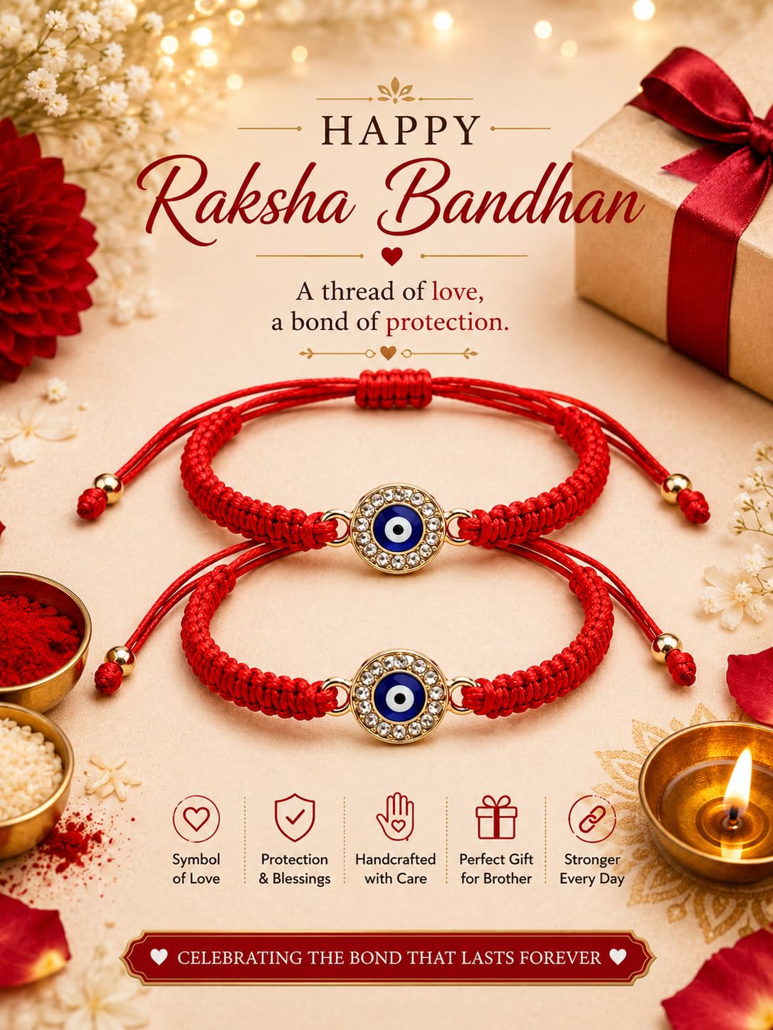 El Regalo 2PCs Rakhis for Brother- Evil Eye Rakhi Combo Set with 2 Rakhis, shagun Pack, Rakhi Message Card in Rakhi Gift Box (Option-1)