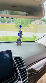 El Regalo Evil Eye Double Hamsa Hand Keychain and Hanging Ornament Intricate Metallic Alloy Hamsa Good Luck Charm For Protection Defense and Health Car Rearview Accessories Hanging Decor, Blue, Small