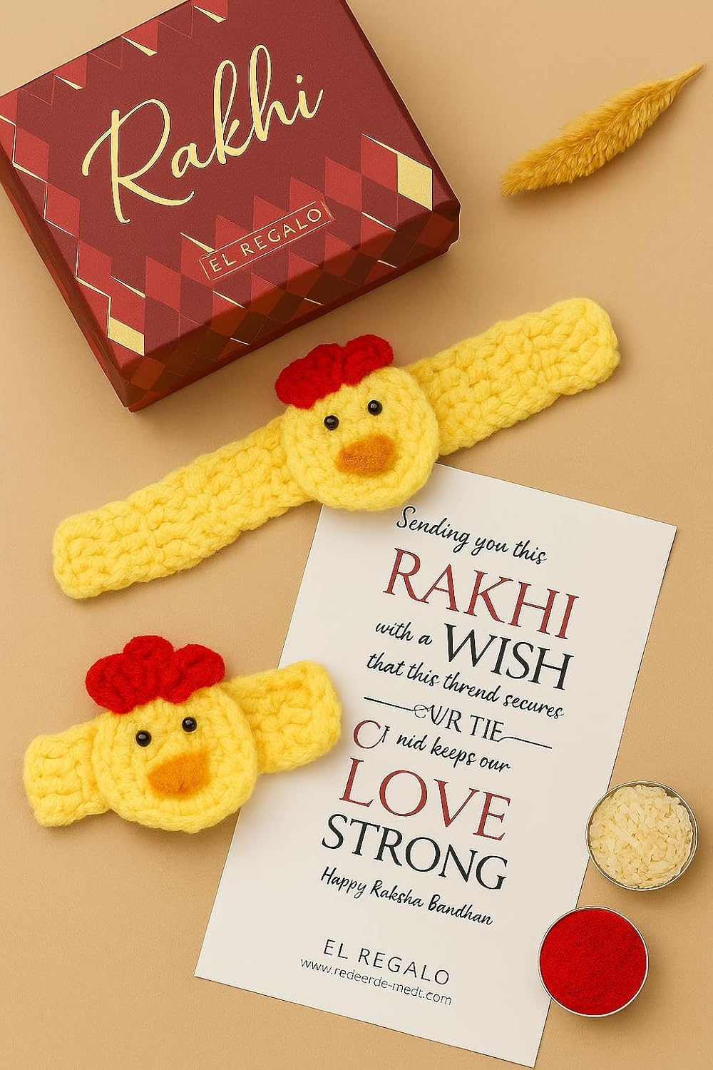 El Regalo Kids Rakhi- 1PC beautiful Hand Knitted Animals Bracelet with Rakhi Card in Rakshabandhan Box- Unique Adjustable, Soft, Knitted for Babies/Toddlers/Kids (Duck Knitted)