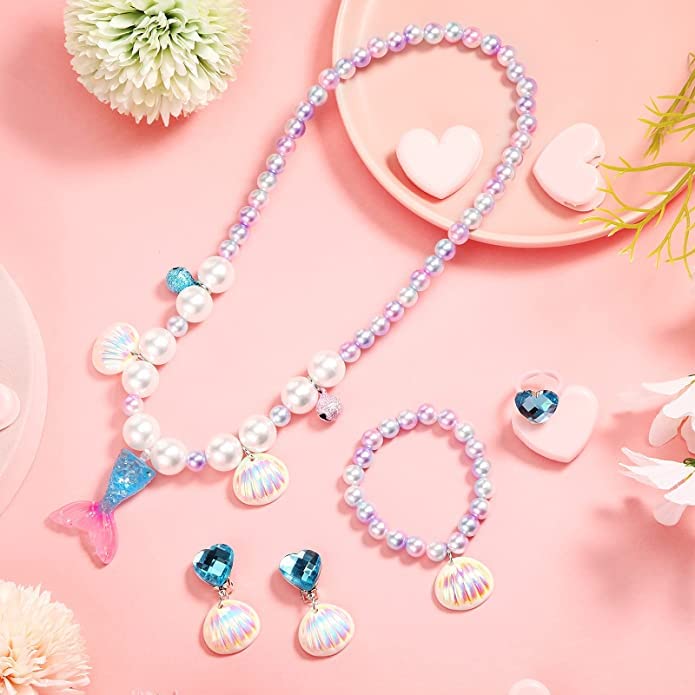 El Regalo 4-Piece Mermaid Princess Girls Kids Dress Up Jewelry Gift Set - Mermaid Shell Necklace, Bracelet, Earrings, Ring Pearl Gifts for Girls/Toddlers/Kids (Blue)