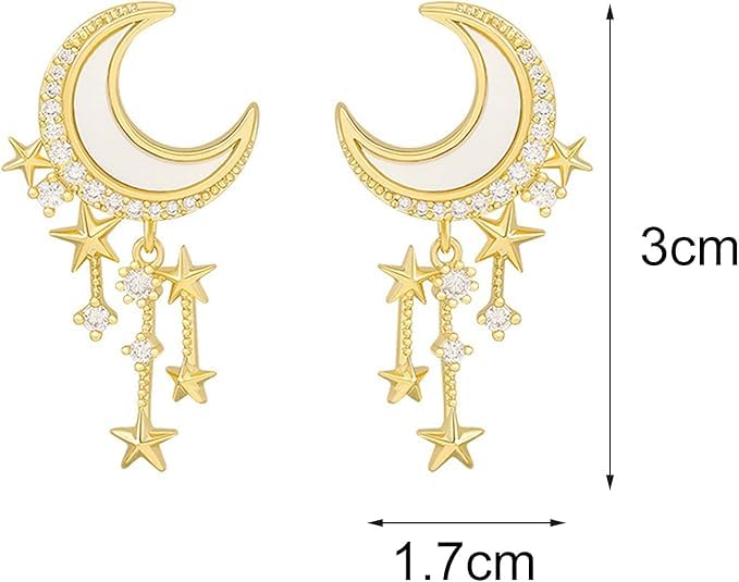 El Regalo Golden Moon, Pearl, Cat, Flower, Wings Dangle Earrings For Girls & Women- Temperament Pearl Cherry Cat Rhinestone Earring Girl Party Jewelry Gift (Moon Star Tassel Earrings)