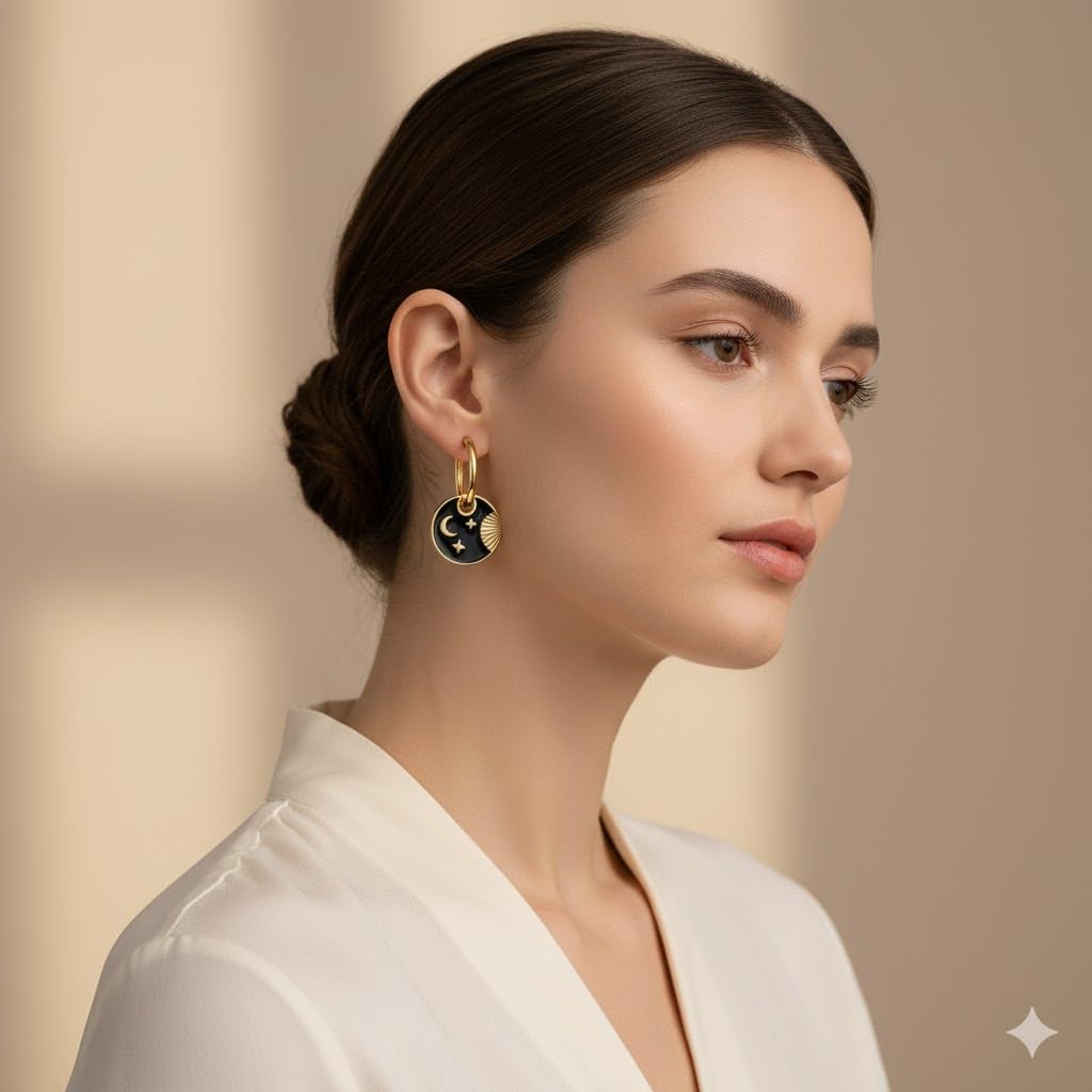 El Regalo Cute Stainless Steel Huggie Hoop Earrings for Girls & Women- Anti-Tarnish, Waterproof Daisy Floral/Moon-Stars Hoops (Moon Stars Hoops)