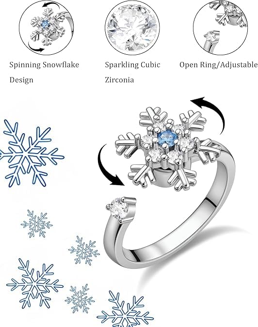 El Regalo Snowflake Anxiety Fidget Spinner Ring- Open Adjustable Anti Anxiety Relief Rings For Girls/Women (Blue)