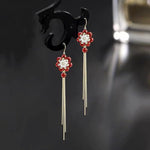 El Regalo 925 Silver Plated Flower Threader Earrings- Needle Threader Long Tassel Earrings for Girls & Women (Red Flower)