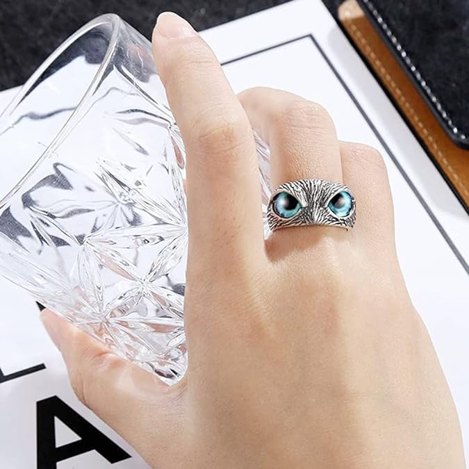 El Regalo Women Adjustable Eye Owl Ring- Retro Gothic Trendy Vintage Owl Band Finger Rings (Blue)