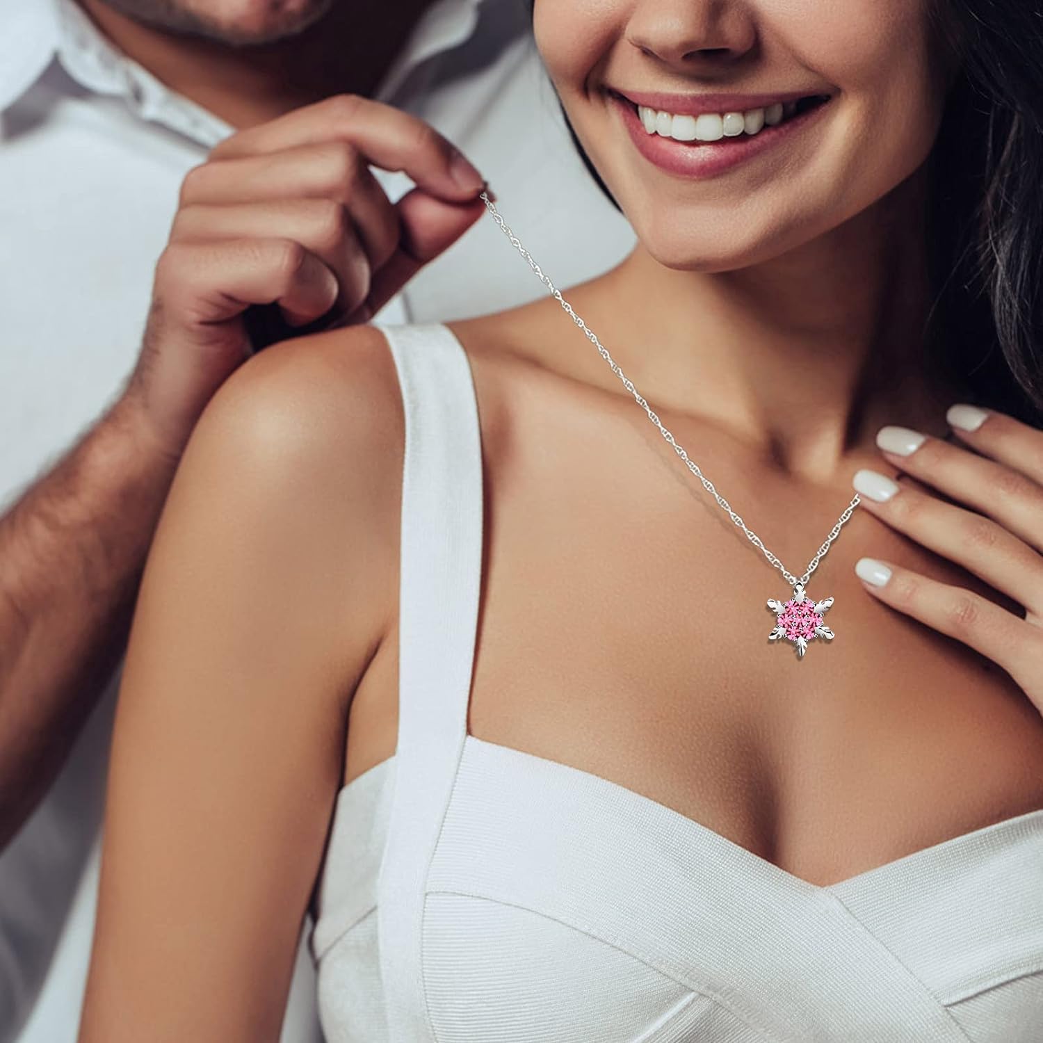 El Regalo Small Snowflakes Inlaid Rhinestones Crystal Pendant Necklace for Girls & Women (Light Pink)
