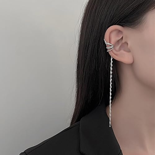 El Regalo Elegant Palace Style Elf Ear Cuff Clip-On Earrings - Non-Piercing Long Tile Tassel Chain Ear Cuff, Western Statement Ear Clips for Women & Teens (Silver)